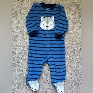 Carter's Blue Striped Footed One Piece with Wolf Design